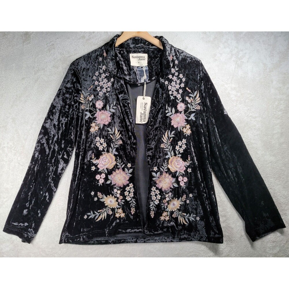 Savanna Jane Cardigan Top Womens Sz M Long Sleeve Velvet Embroidered Boho Floral